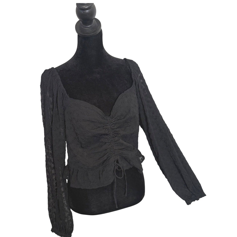 Hollister‎ Milkmaid Black Smocked Crop Top Sheer Sleeve Peplum Size L Fairy
